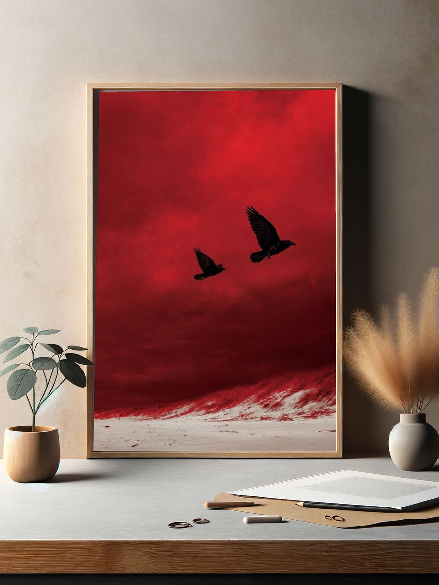 Crimson Sky Birds Photography Poster. — room view 2