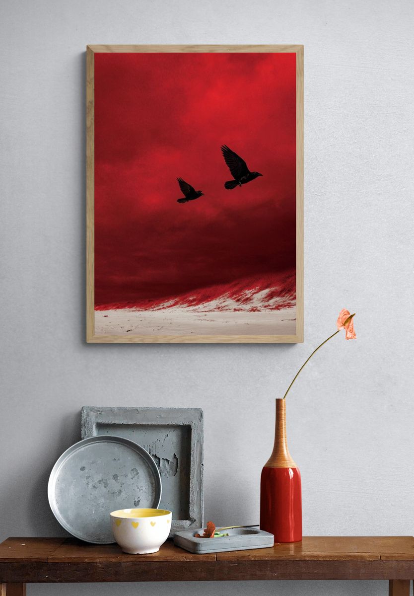Crimson Sky Birds Photography Poster. — room view 3
