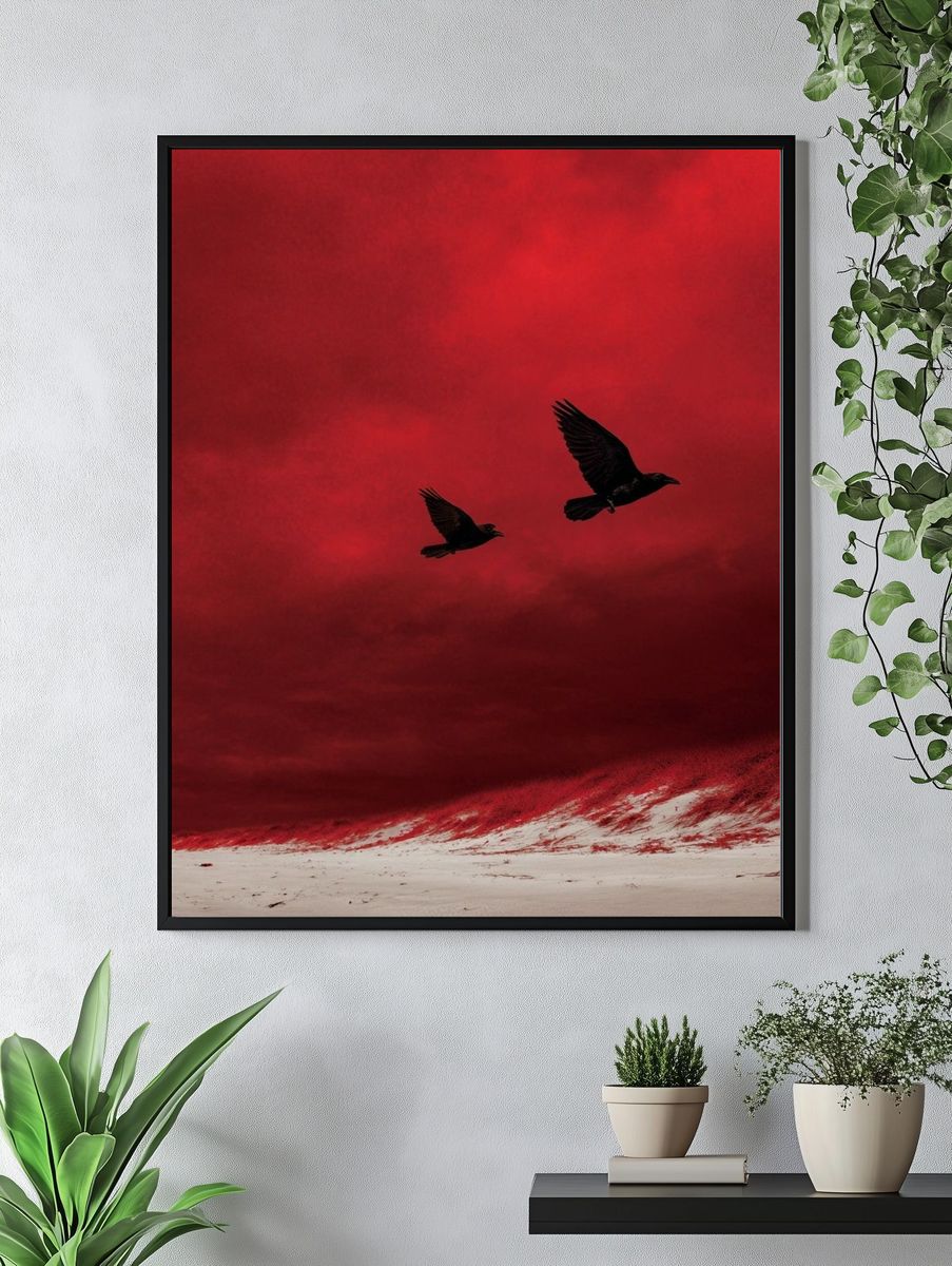 Crimson Sky Birds Photography Poster. — room view 4