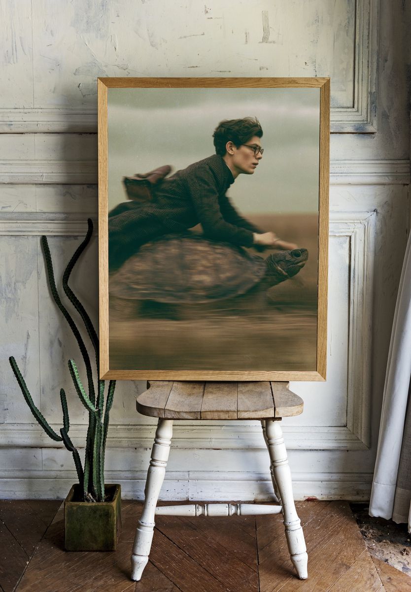 Boy Riding Turtle Photography Print. room preview