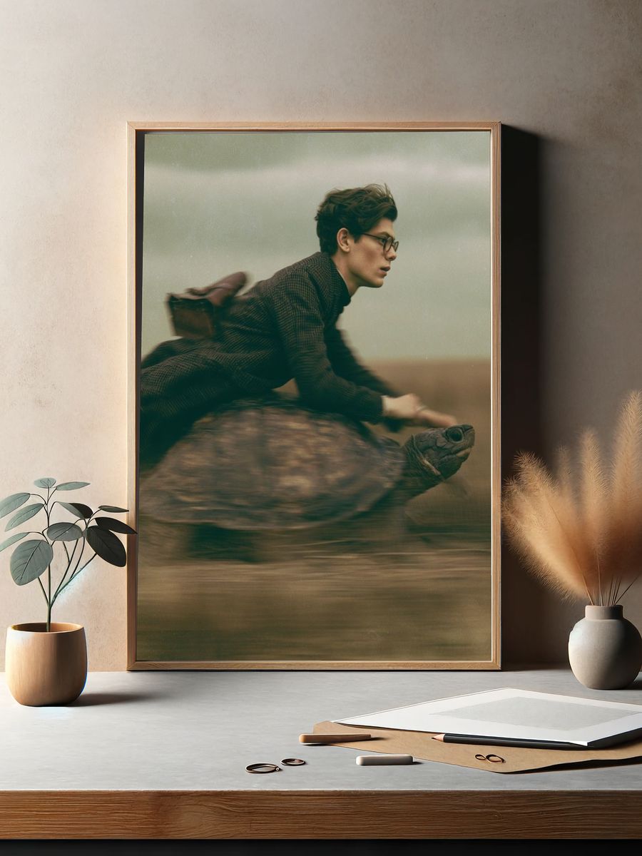Boy Riding Turtle Photography Print. — room view 2