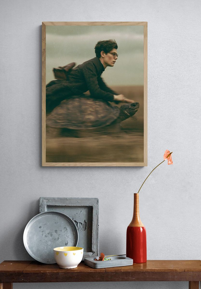 Boy Riding Turtle Photography Print. — room view 3