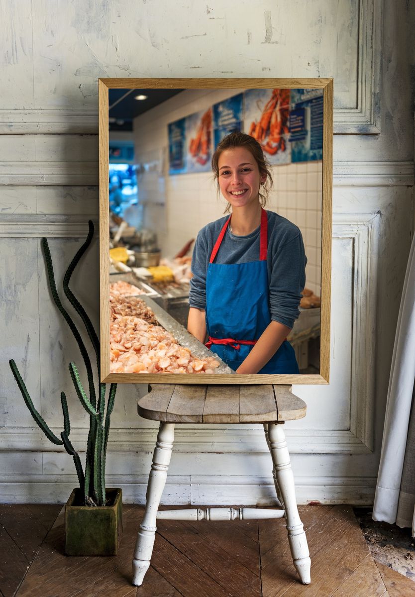 Smiling Fishmonger Portrait Print. — room view 1