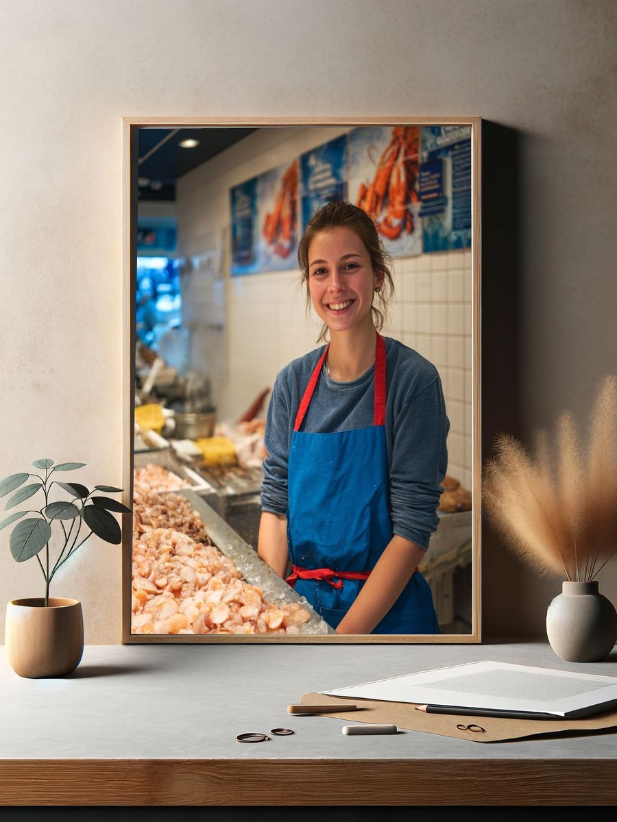 Smiling Fishmonger Portrait Print. — room view 2