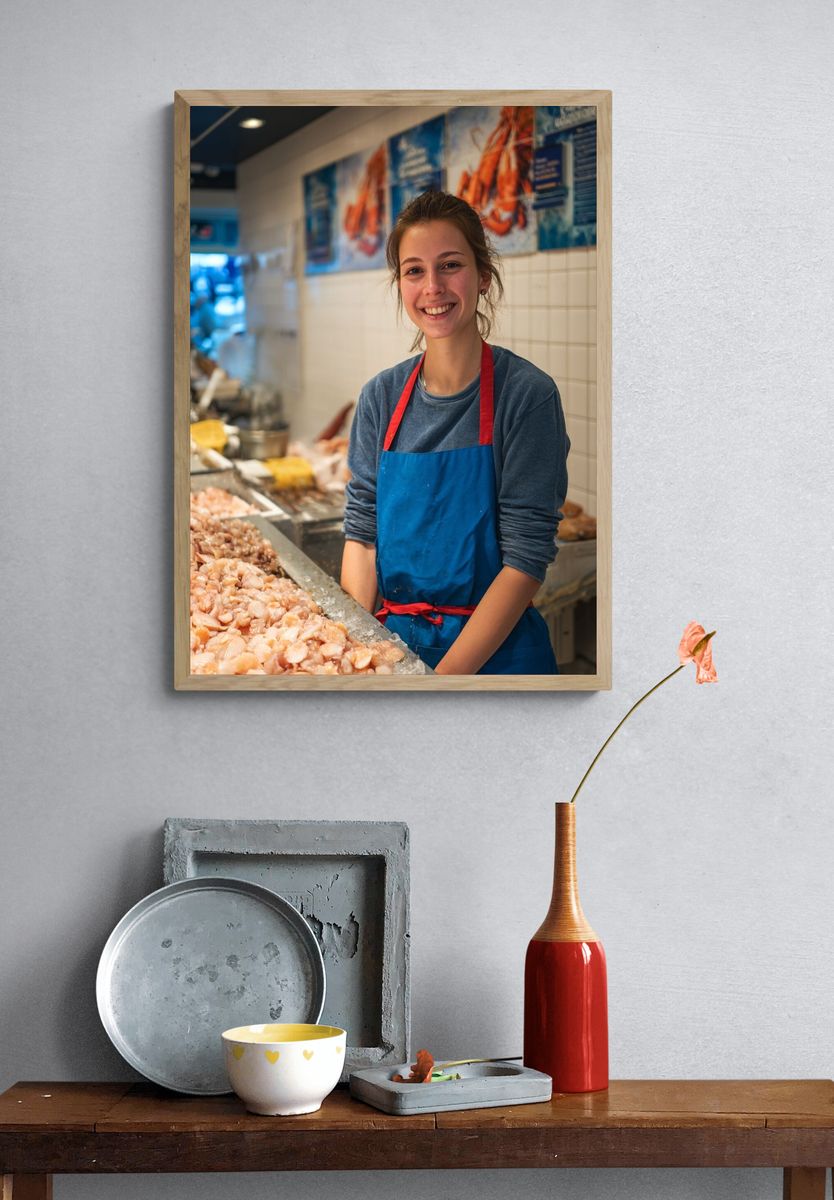 Smiling Fishmonger Portrait Print. — room view 3