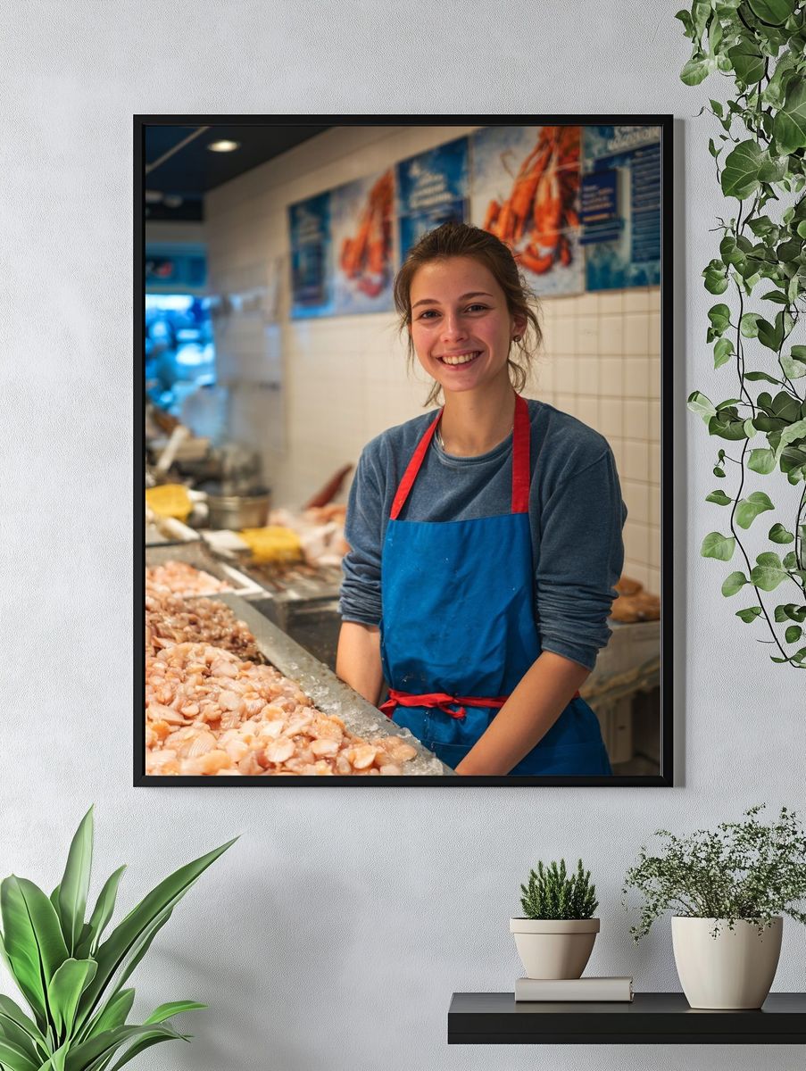 Smiling Fishmonger Portrait Print. — room view 4