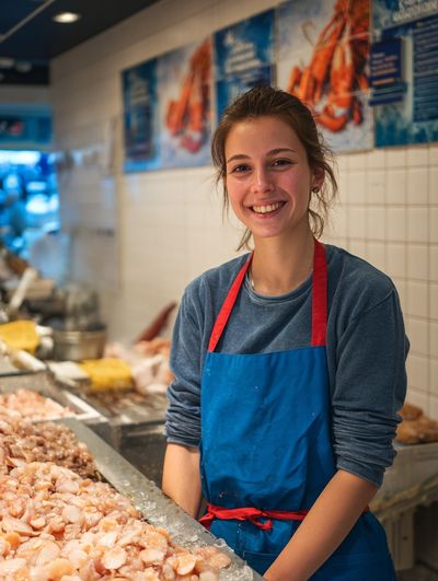 Smiling Fishmonger Portrait Print. poster