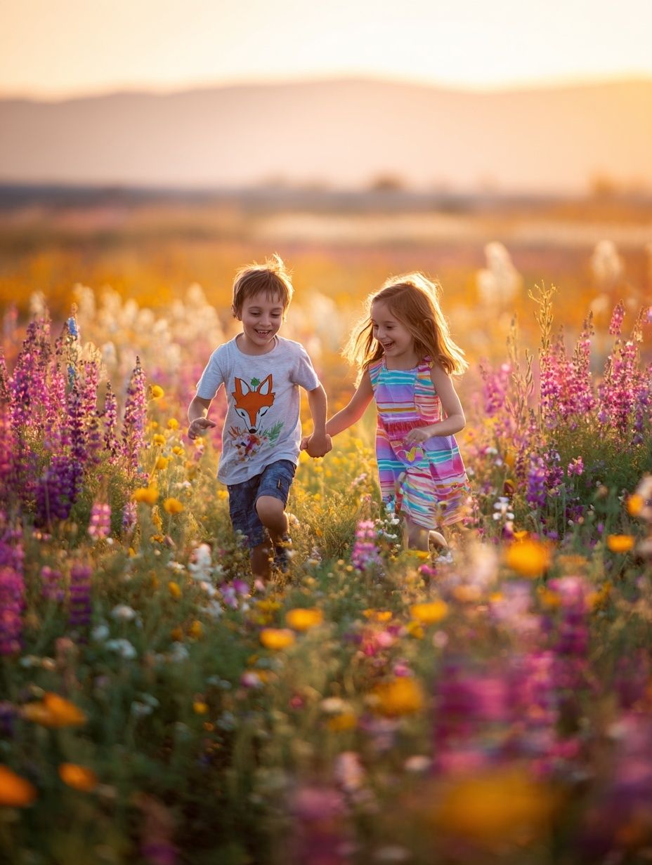 Children Running in Wildflower Field Poster. poster — photography art