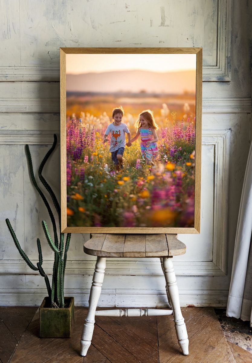 Children Running in Wildflower Field Poster. — room view 1