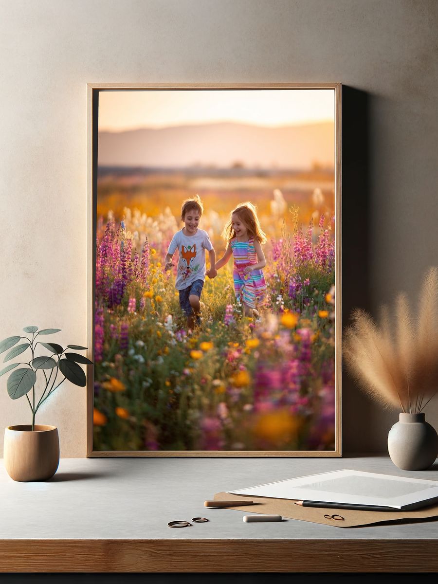 Children Running in Wildflower Field Poster. — room view 2