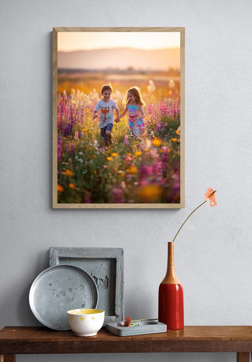 Children Running in Wildflower Field Poster. — room view 3