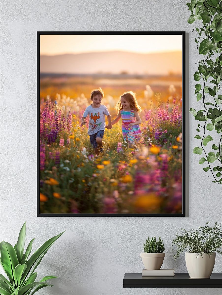 Children Running in Wildflower Field Poster. — room view 4