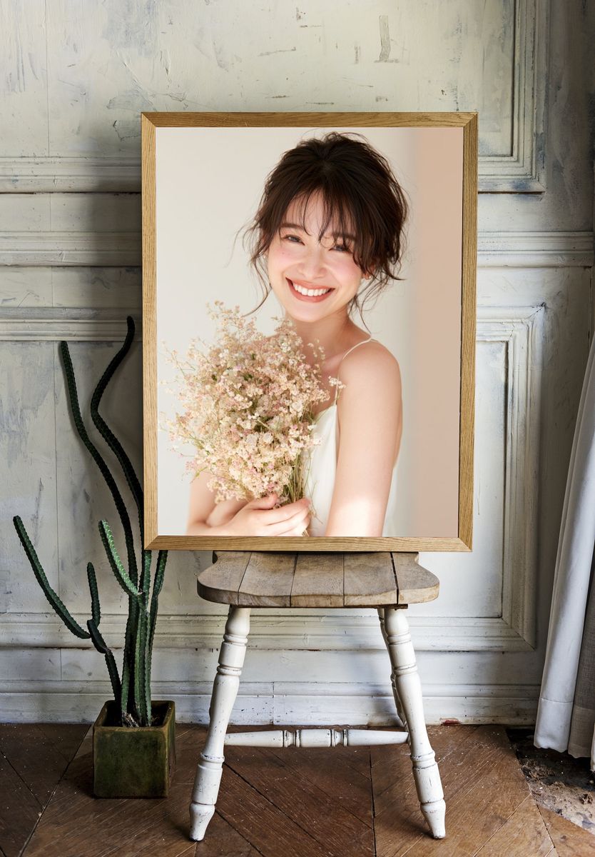 Smiling Woman with Flowers Photography Poster. room preview