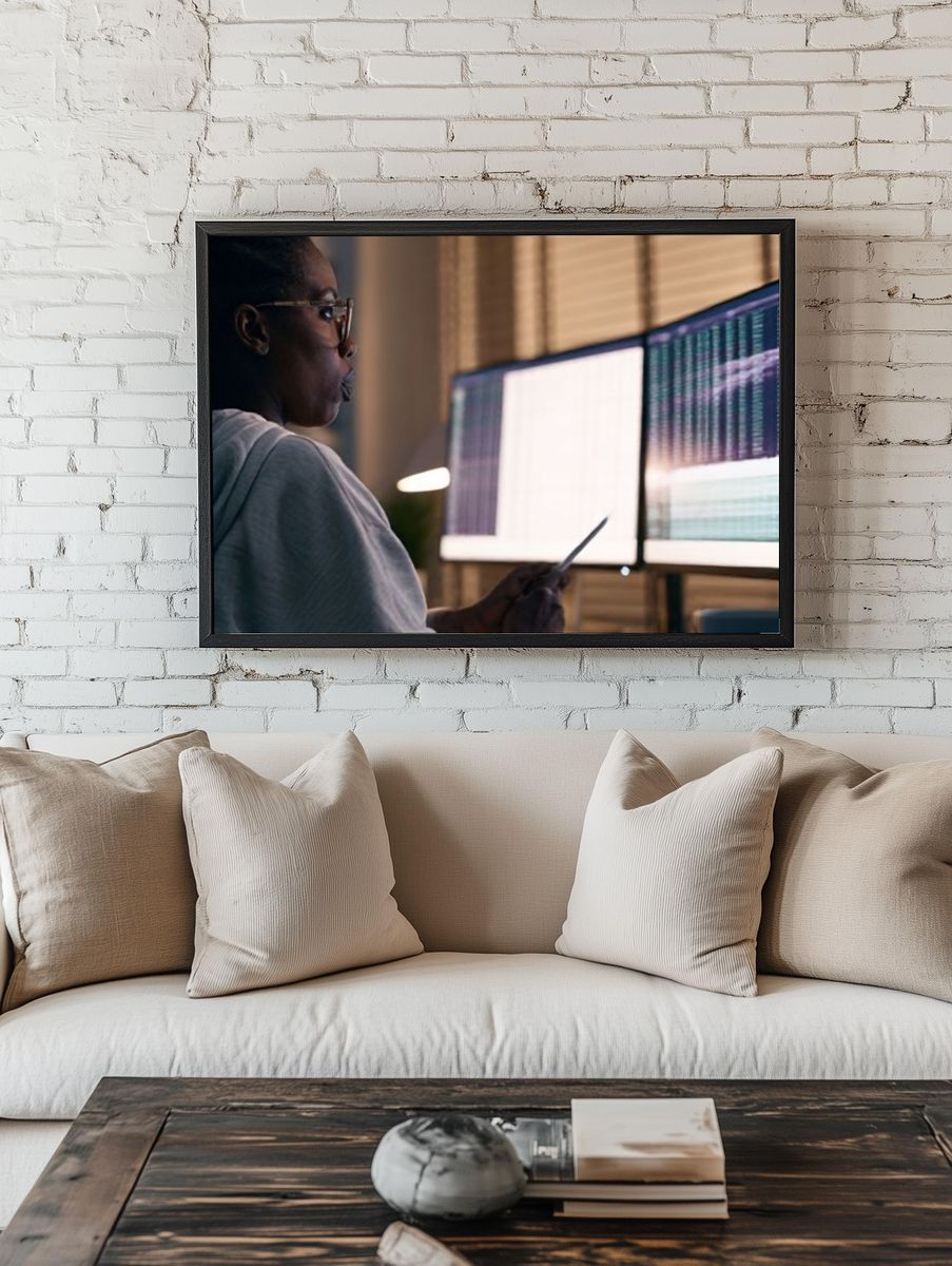 Coder at Dual Monitors Photography Poster. — room view 1