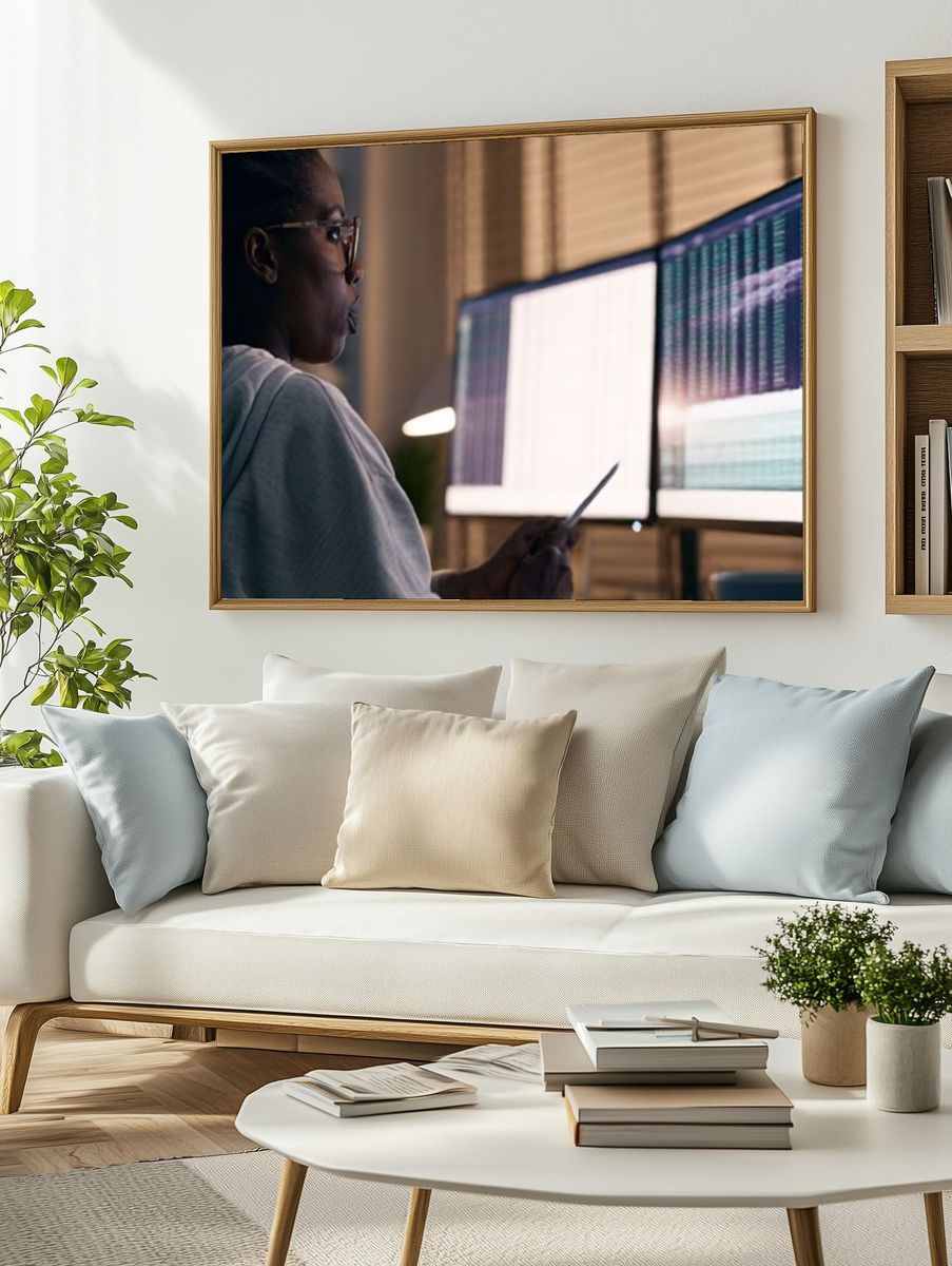 Coder at Dual Monitors Photography Poster. — room view 2