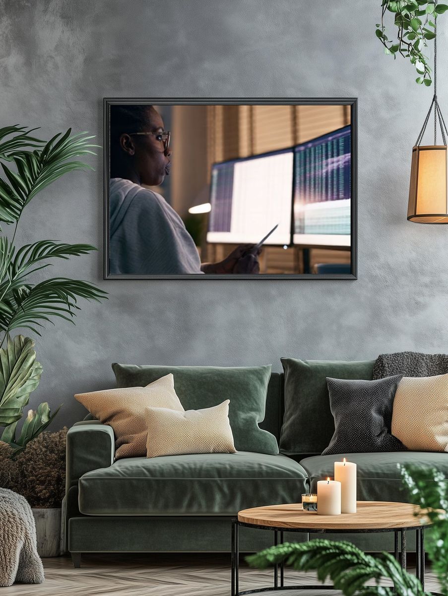 Coder at Dual Monitors Photography Poster. — room view 4