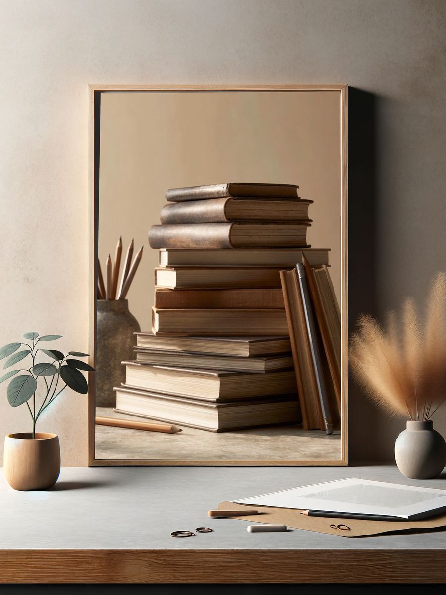 Stacked Books Still Life Poster. — room view 2
