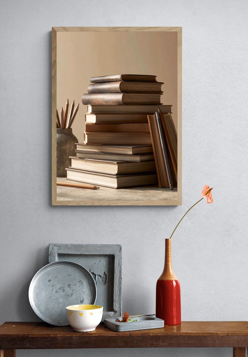 Stacked Books Still Life Poster. — room view 3