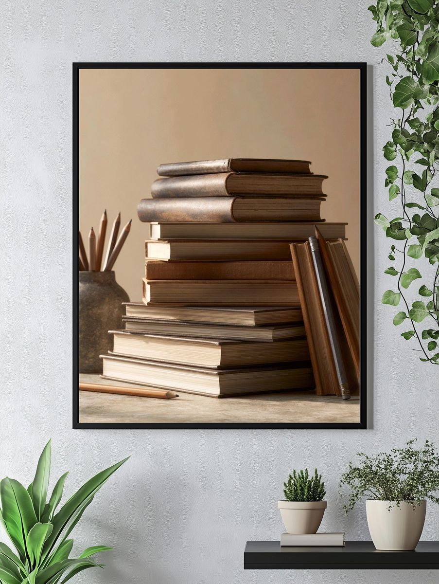 Stacked Books Still Life Poster. — room view 4