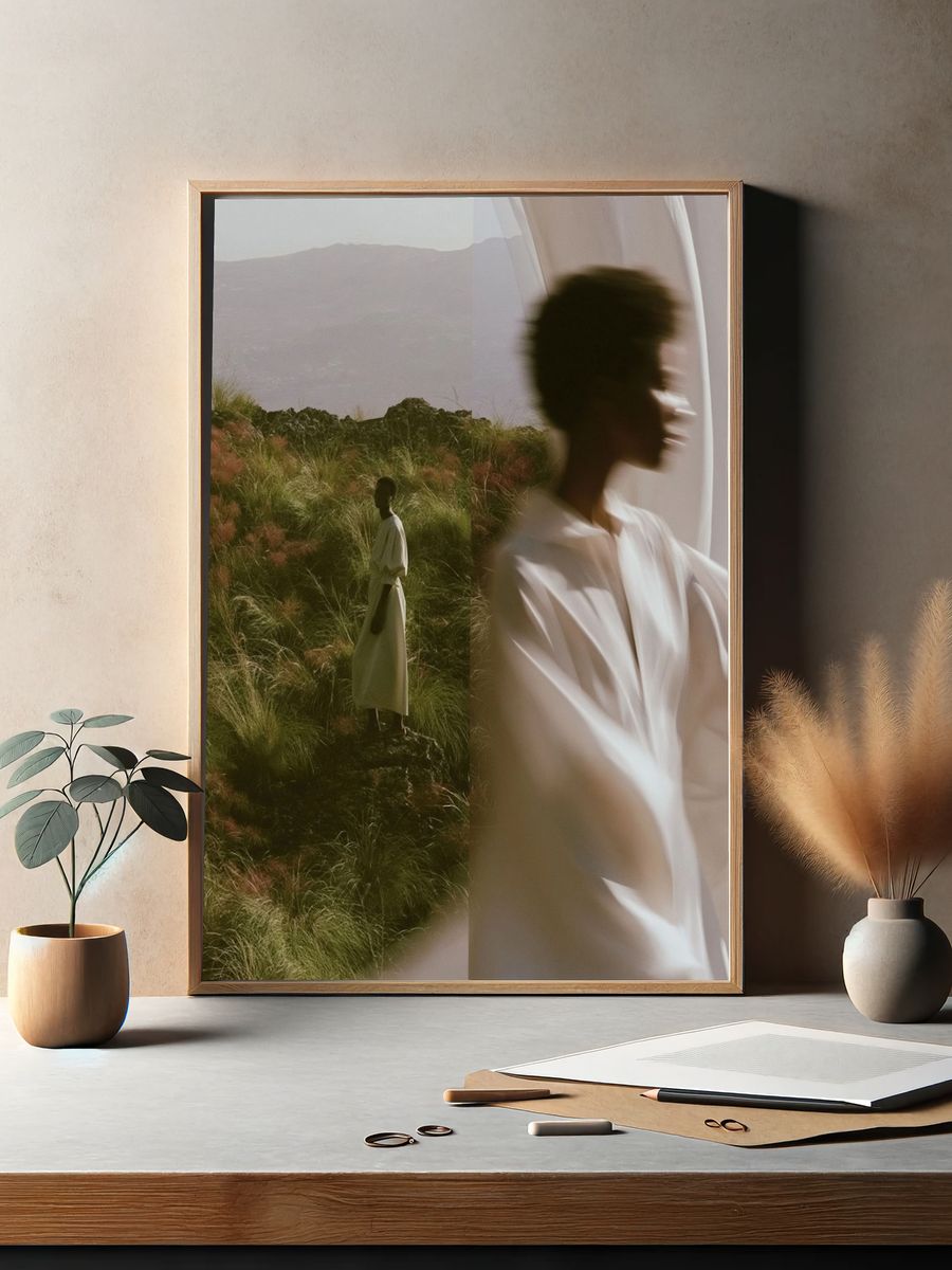 Dreamlike Figure in Grassland Photography Poster. — room view 2