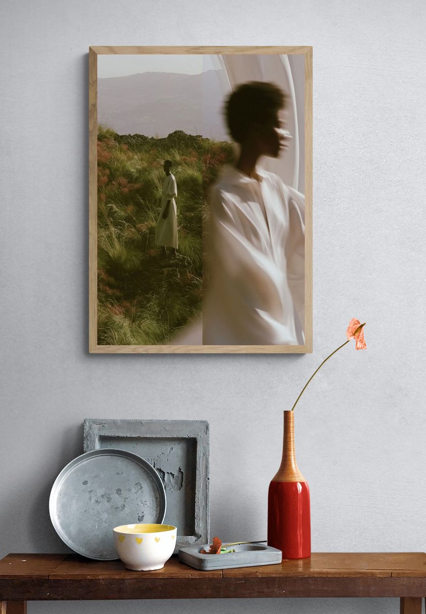 Dreamlike Figure in Grassland Photography Poster. — room view 3