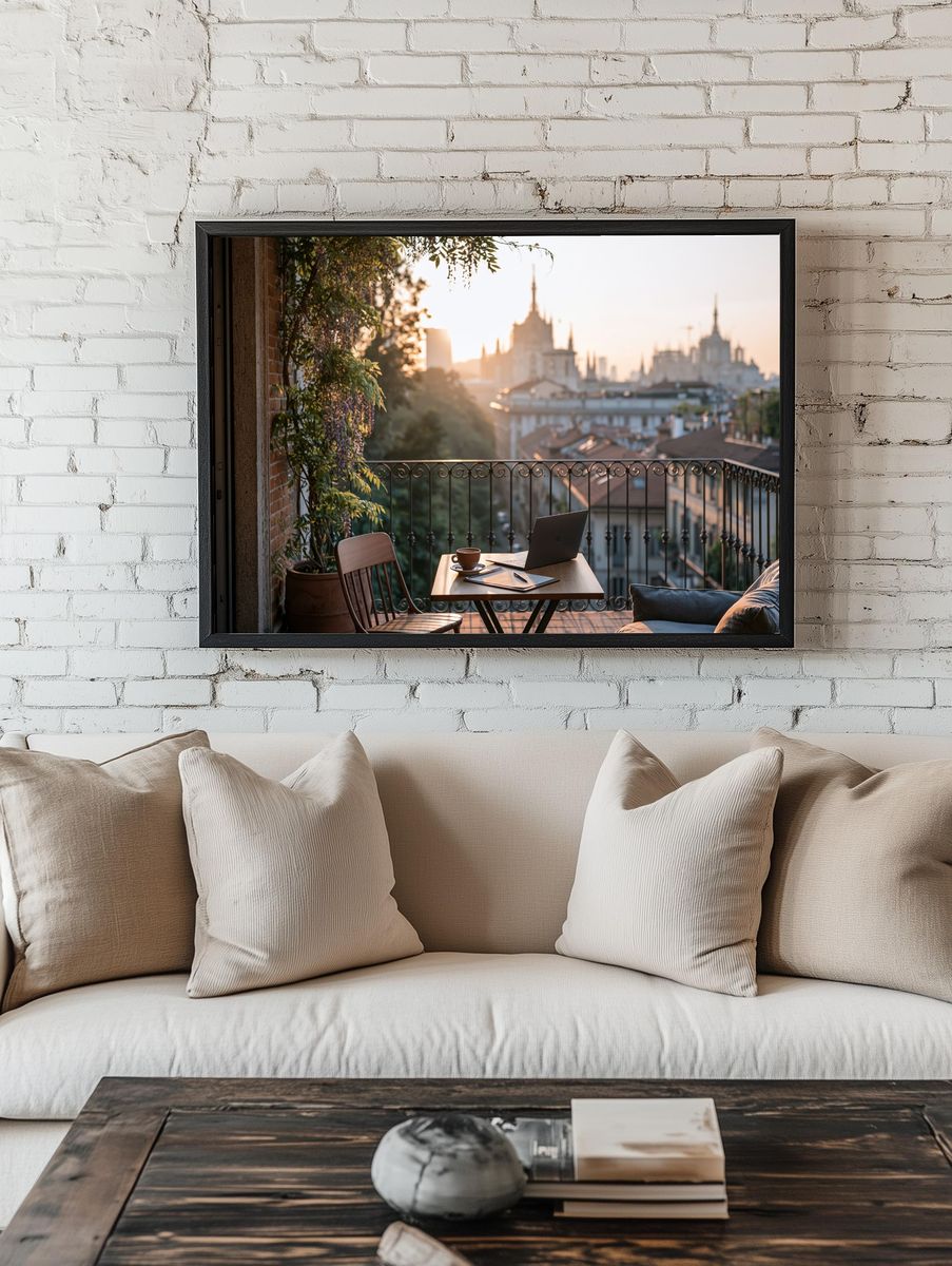 Sunlit Balcony City View Photography Poster. room preview