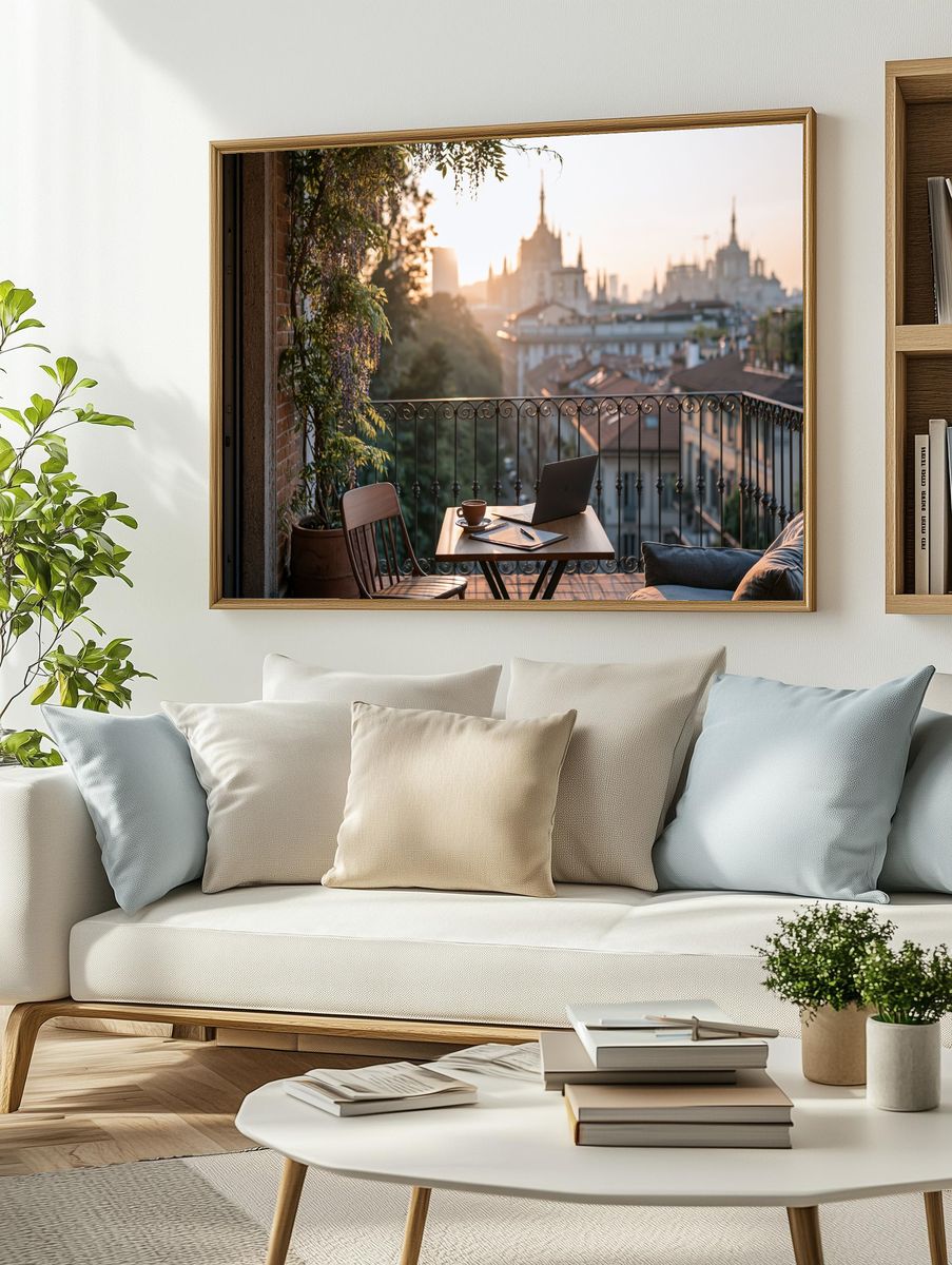 Sunlit Balcony City View Photography Poster. — room view 2
