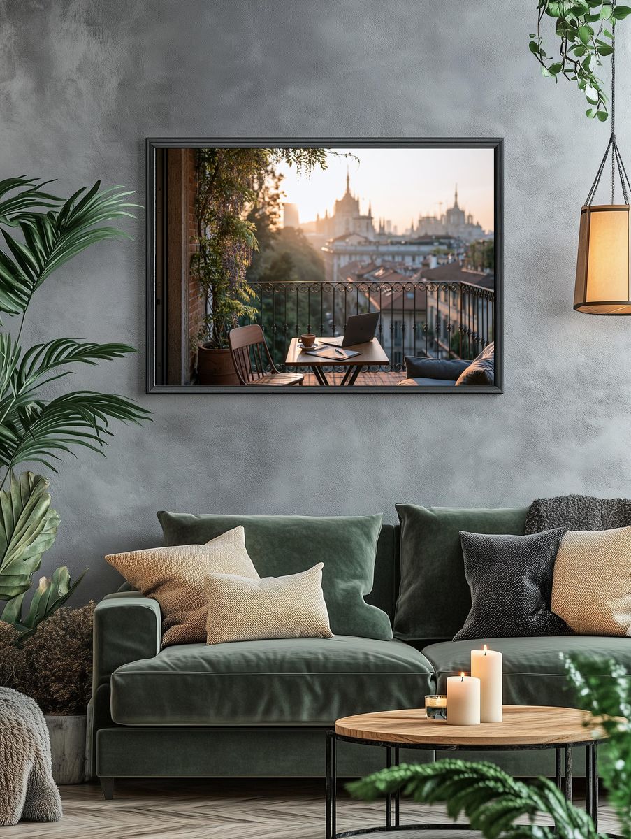 Sunlit Balcony City View Photography Poster. — room view 4