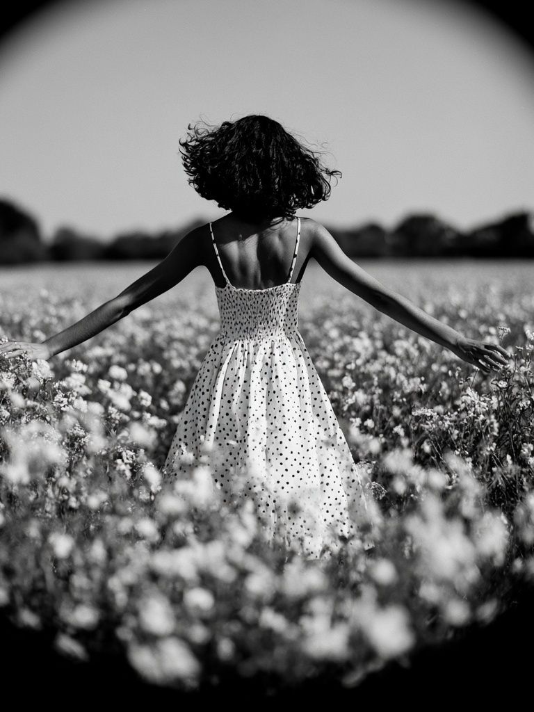 Girl in Flower Field Black-White Poster. poster detail