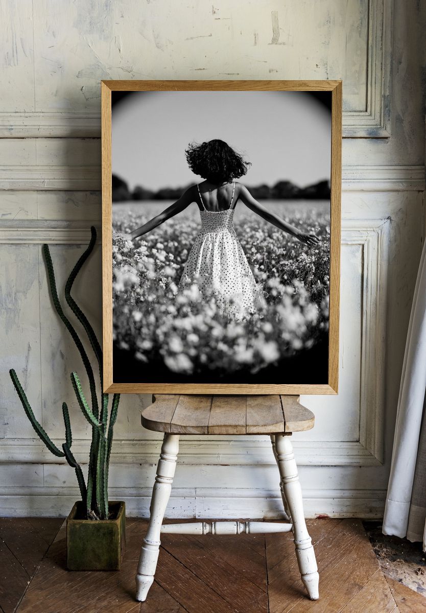 Girl in Flower Field Black-White Poster. — room view 1