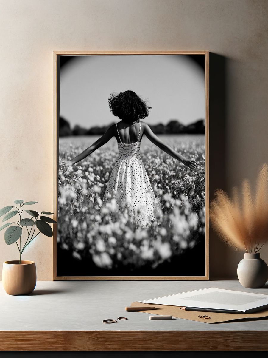 Girl in Flower Field Black-White Poster. — room view 2