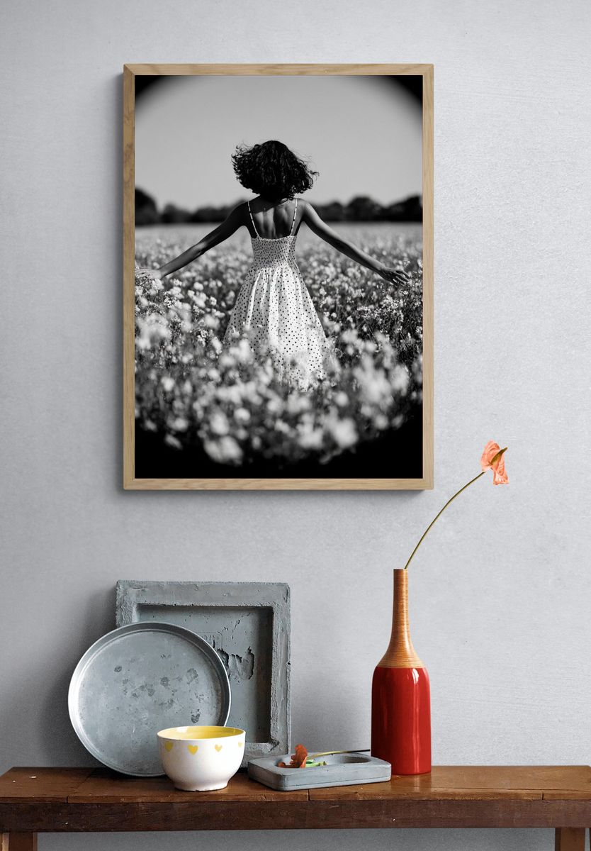 Girl in Flower Field Black-White Poster. — room view 3