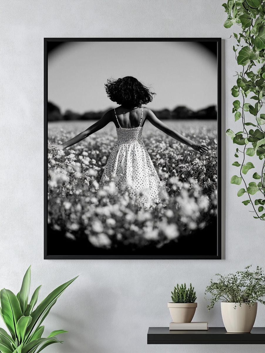 Girl in Flower Field Black-White Poster. — room view 4