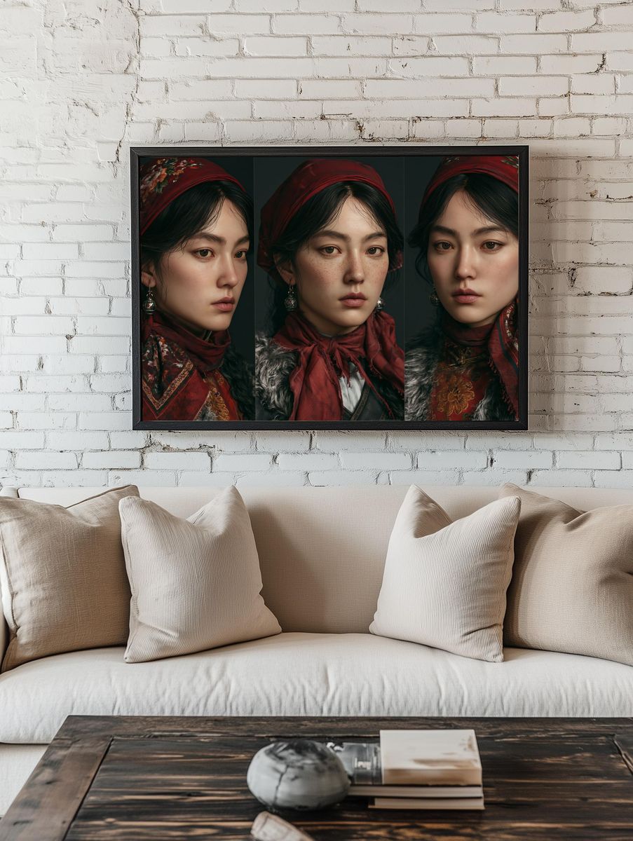 Red Headscarf Portrait Triptych Print. room preview