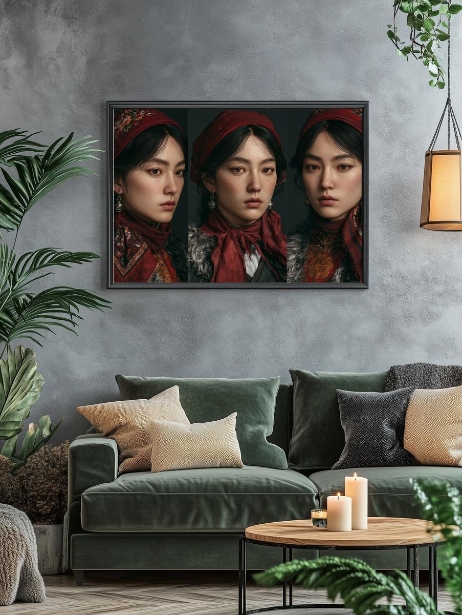 Red Headscarf Portrait Triptych Print. — room view 4
