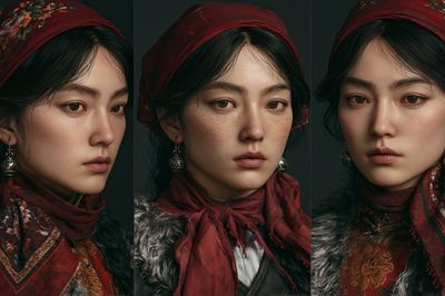 Red Headscarf Portrait Triptych Print. poster