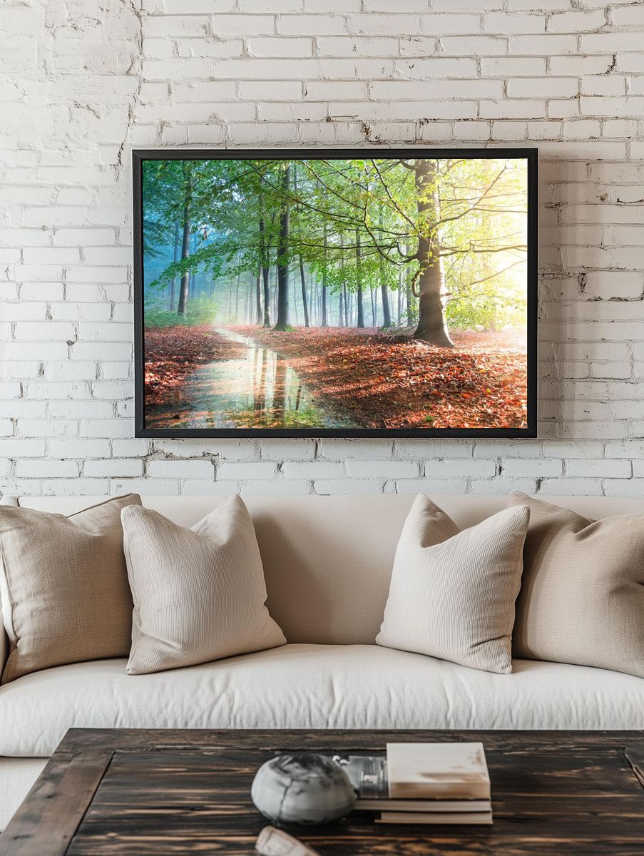 Sunlit Forest Path Photography Poster. — room view 1