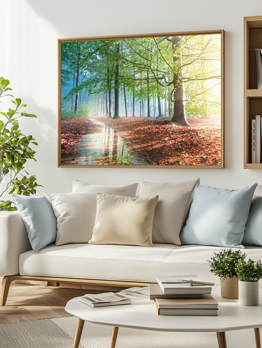Sunlit Forest Path Photography Poster. — room view 2