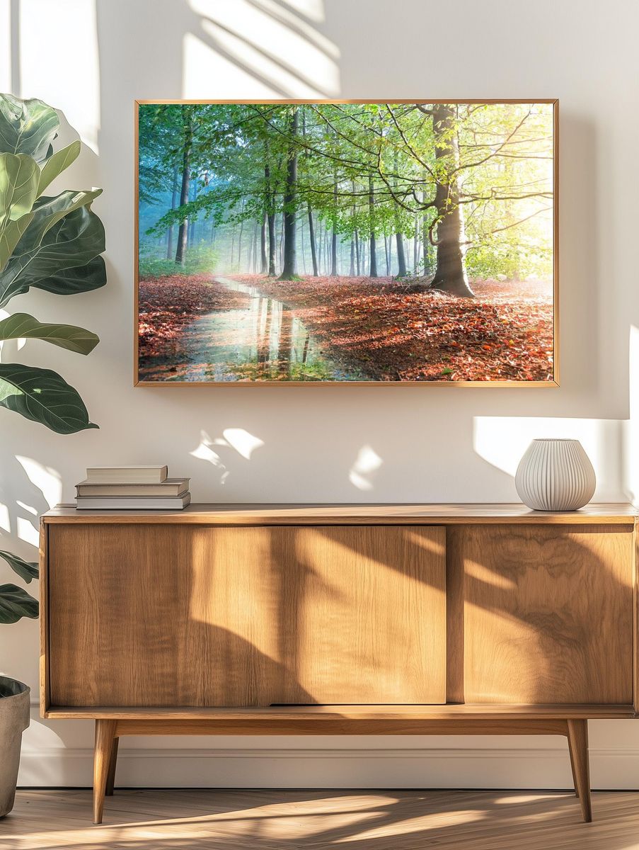 Sunlit Forest Path Photography Poster. — room view 3
