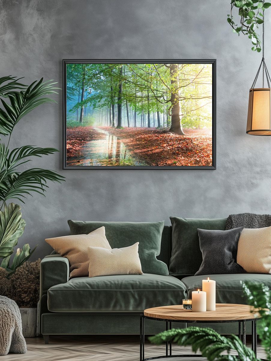 Sunlit Forest Path Photography Poster. — room view 4