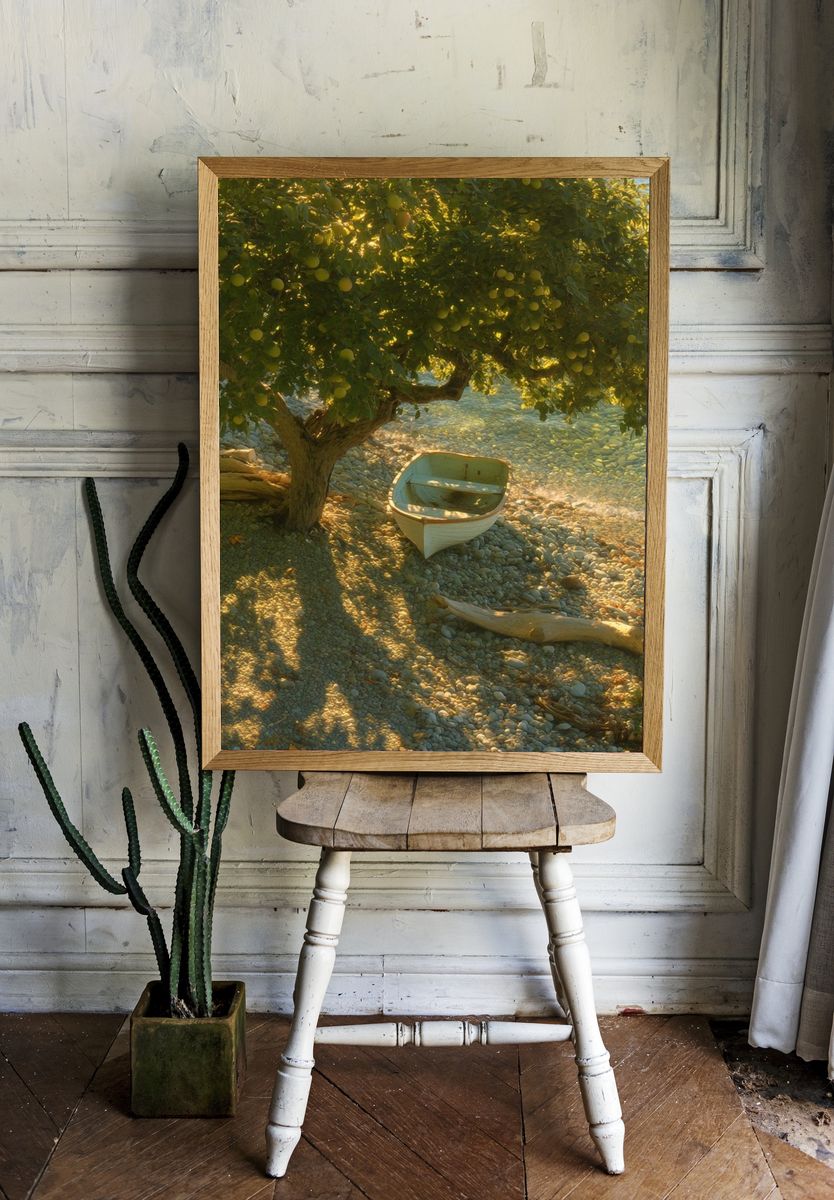 Sunlit Olive Shoreline Photography Poster. room preview