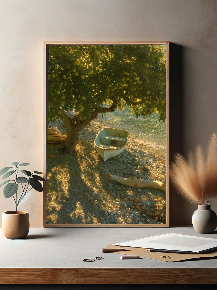Sunlit Olive Shoreline Photography Poster. — room view 2