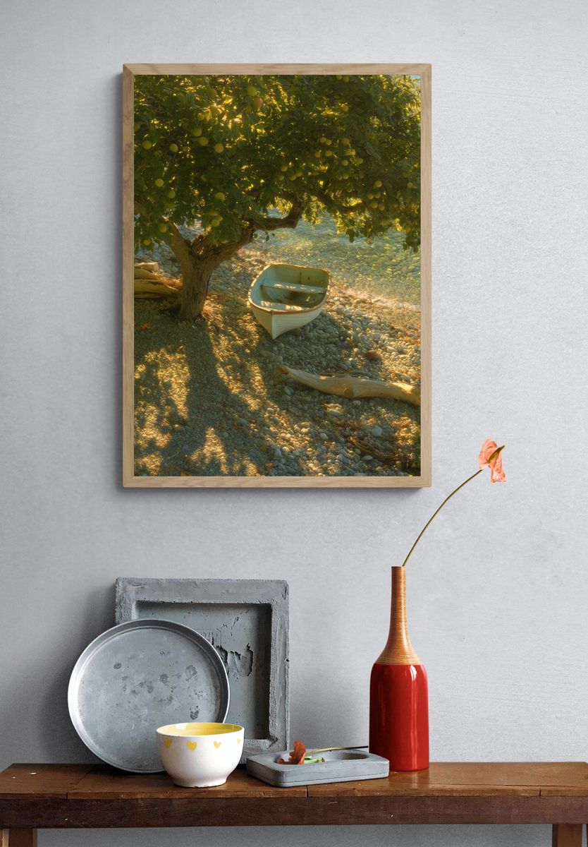 Sunlit Olive Shoreline Photography Poster. — room view 3