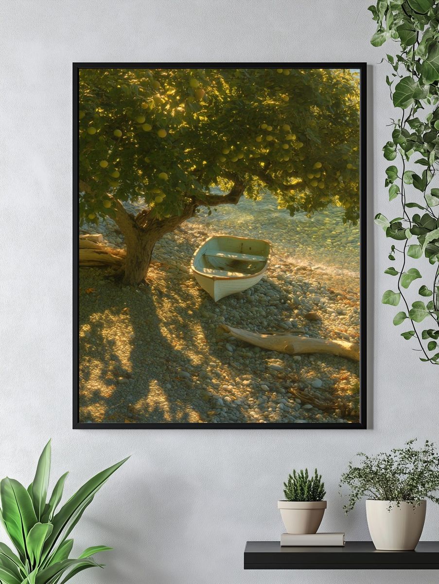 Sunlit Olive Shoreline Photography Poster. — room view 4