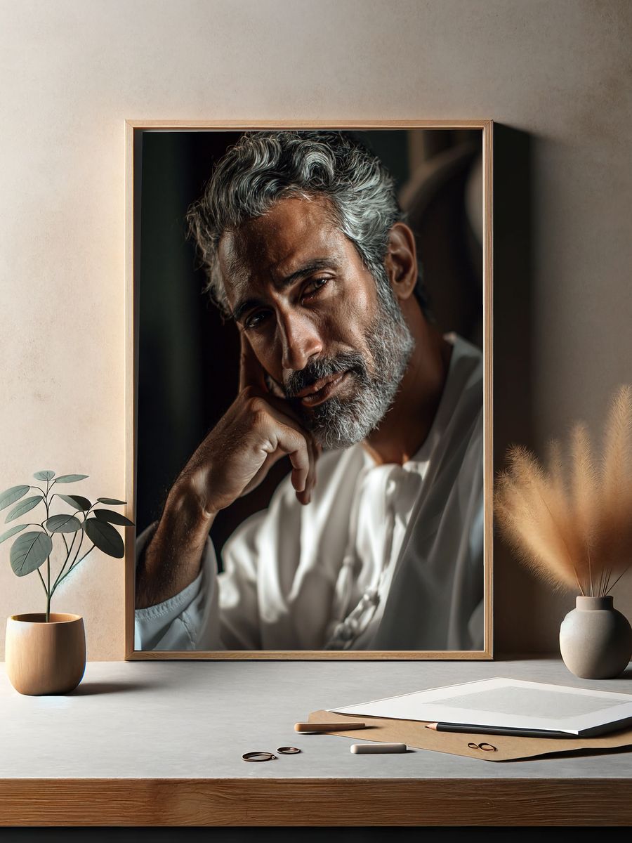 Contemplative Man Portrait Poster. — room view 2