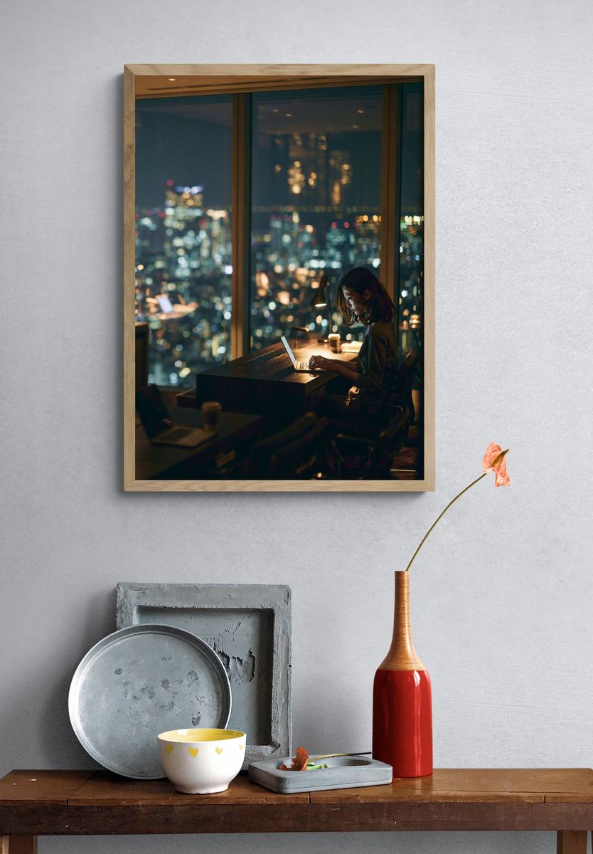 Night Office City Lights Photography Poster. — room view 3