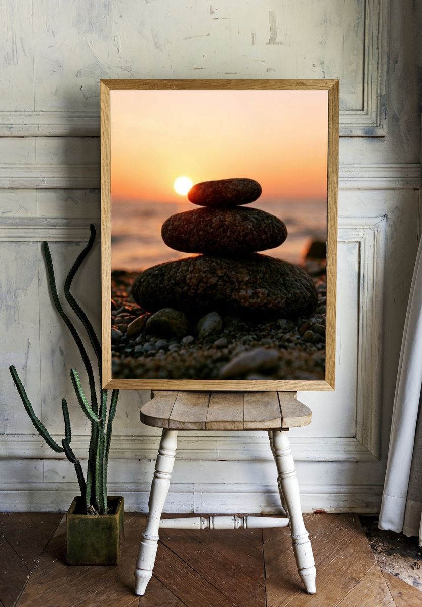 Stacked Stones Sunset Photography Poster. room preview