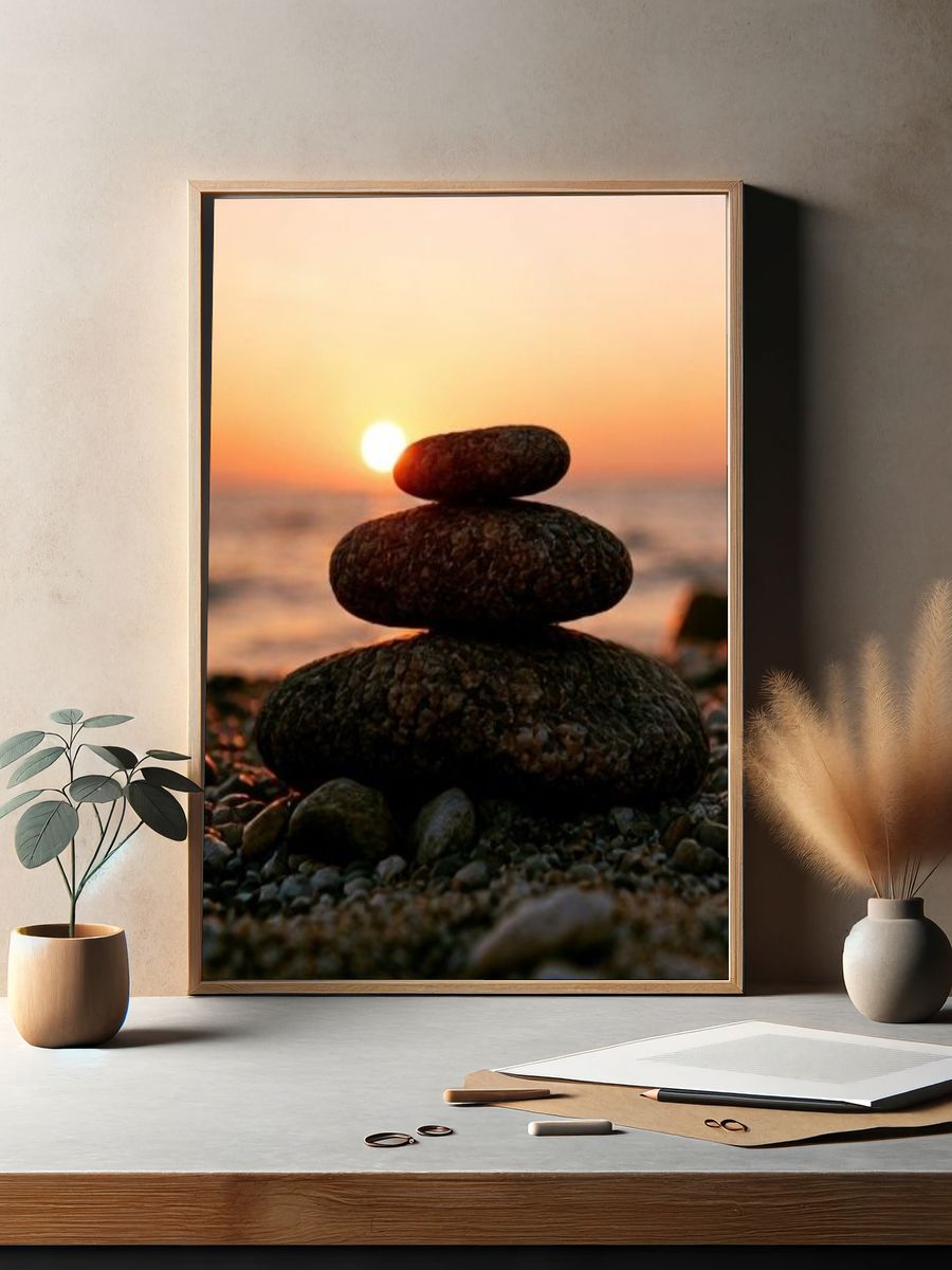 Stacked Stones Sunset Photography Poster. — room view 2