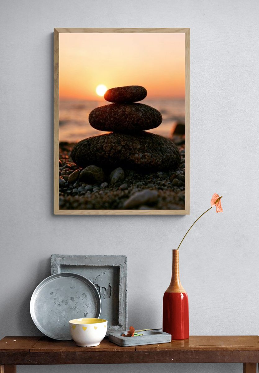 Stacked Stones Sunset Photography Poster. — room view 3