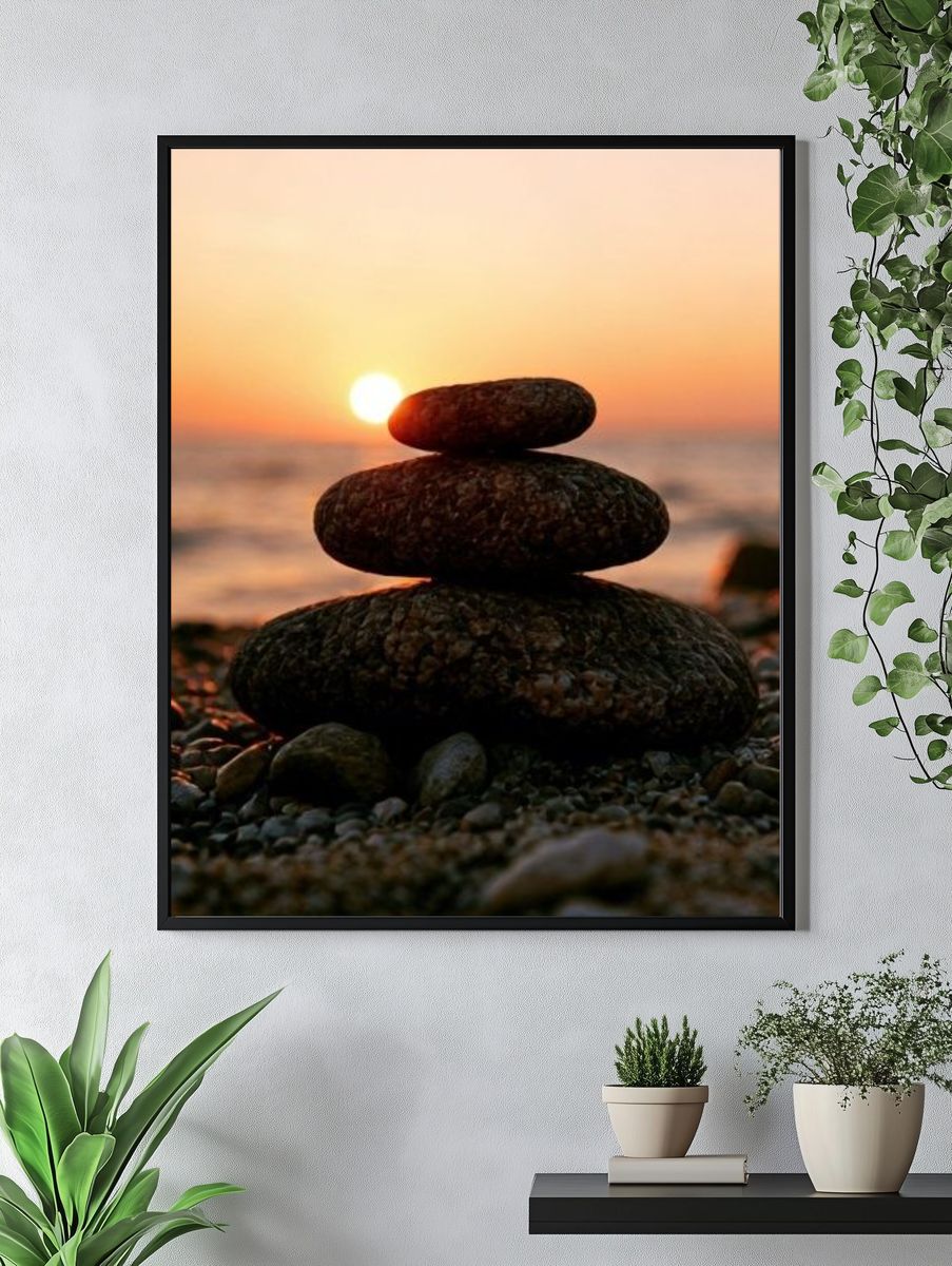 Stacked Stones Sunset Photography Poster. — room view 4